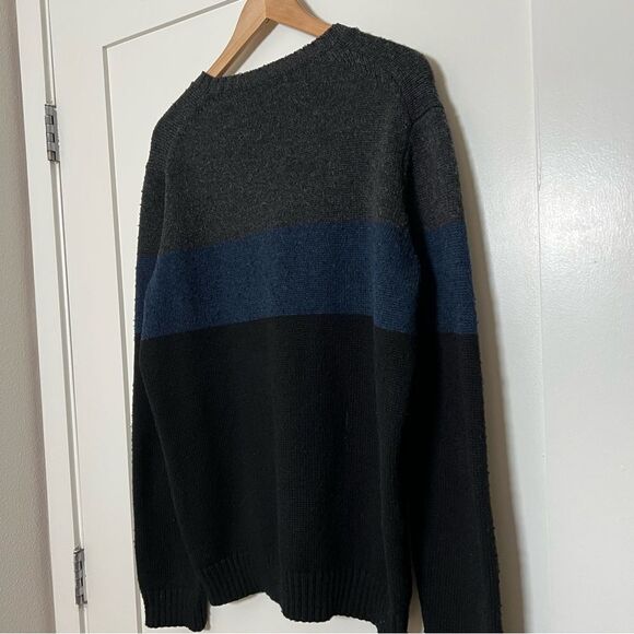 Uniqlo Heattech Sweater Mens Large Black Gray Stripe Knit Crew Neck Long Sleeve - Picture 7 of 12
